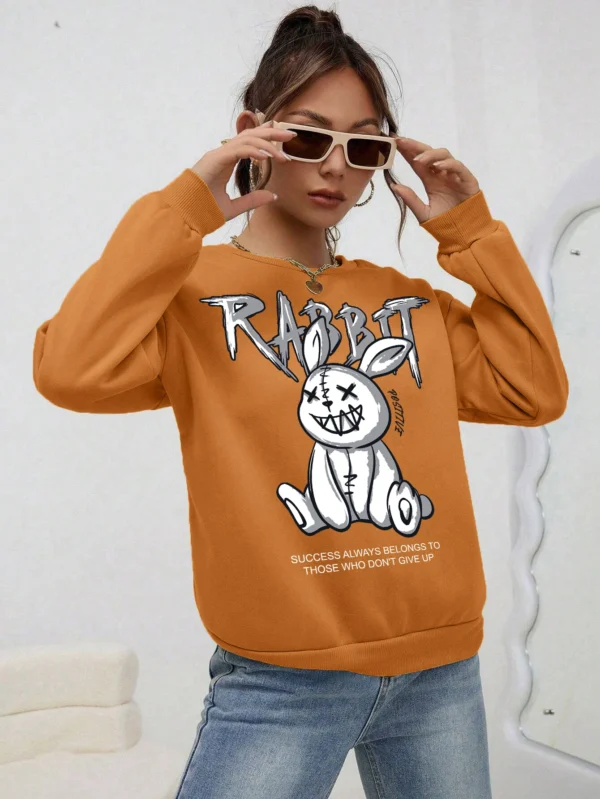 Grey fleece hoodie for women featuring a quirky white laughing rabbit print on the front