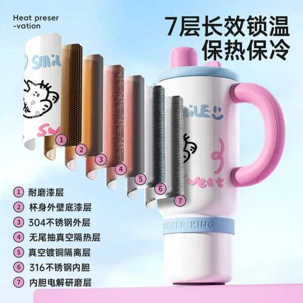Large 1200ml silver 316 stainless steel insulated tumbler travel mug with reusable straw and secure lid.
