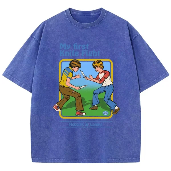 Women's casual streetwear t-shirt with 'My First Knife Fight' cartoon graphic print.