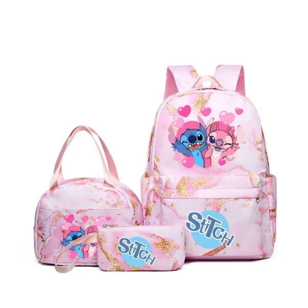 Stitch print 3-piece backpack set with matching tote bag and pencil pouch displayed together against a neutral background.