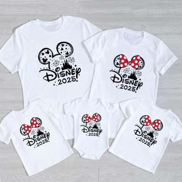 Family wearing matching Mickey and Minnie Mouse cotton shirts and baby romper for Disney trip.
