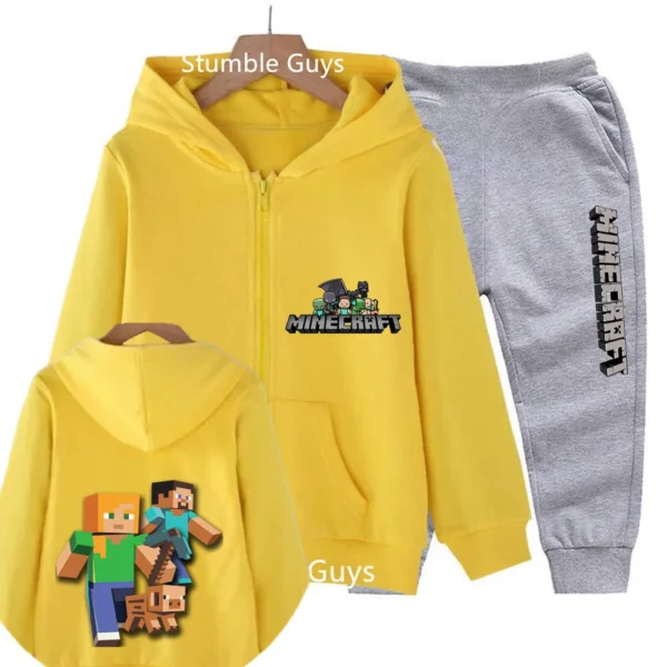 Kids cotton Minecraft pixel print zipper hoodie and matching pants set in [mention primary color if visible