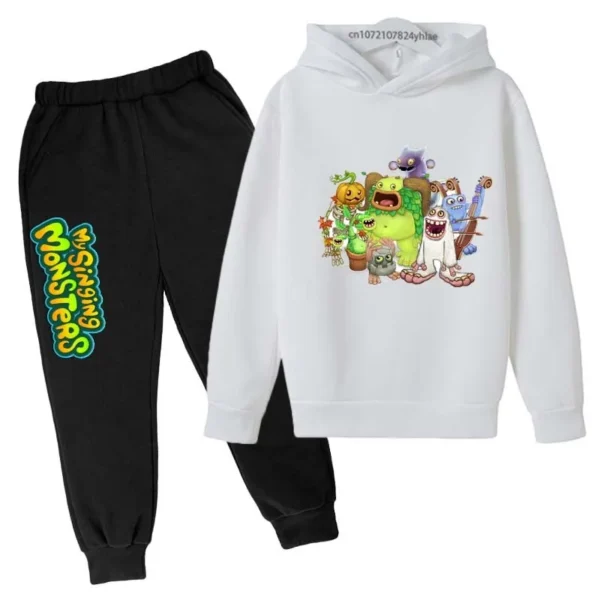 Kids My Singing Monsters tracksuit set featuring character print hoodie and matching pants for boys and girls ages 3-14. ```