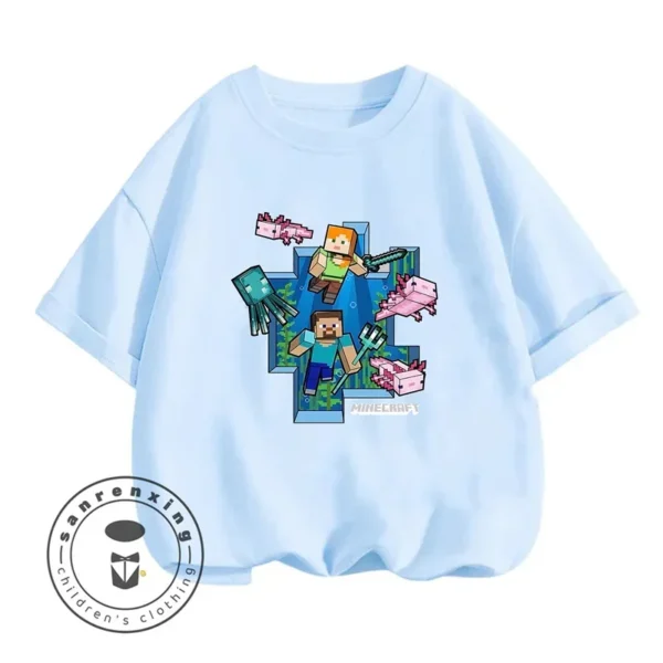 Kids Minecraft summer t-shirt featuring a colorful cartoon print inspired by the game and short sleeves.