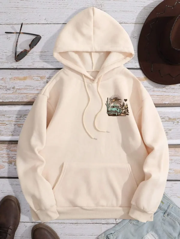 Women's casual streetwear hoodie with graphic print and warm faux fur lining - Autumn/Winter style. ```