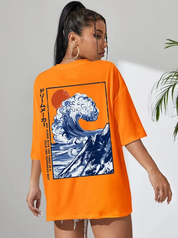 Women's cotton t-shirt featuring a vibrant Japanese wave and sunset graphic print. Relaxed fit.