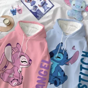 Unisex Harajuku fleece hoodie featuring colourful cartoon Stitch and Angel patchwork design on the front.