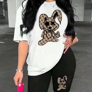 Women's cute rabbit cartoon print two-piece summer outfit.
