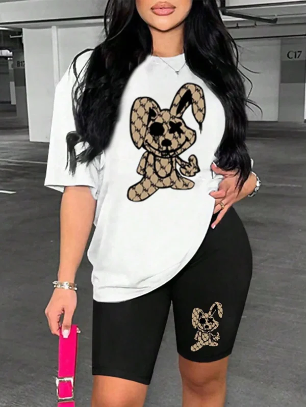 Women's cute rabbit cartoon print two-piece summer outfit.