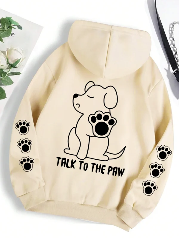Grey pullover hoodie with warm fleece lining featuring a funny cartoon dog print that says "Talk To The Paw".