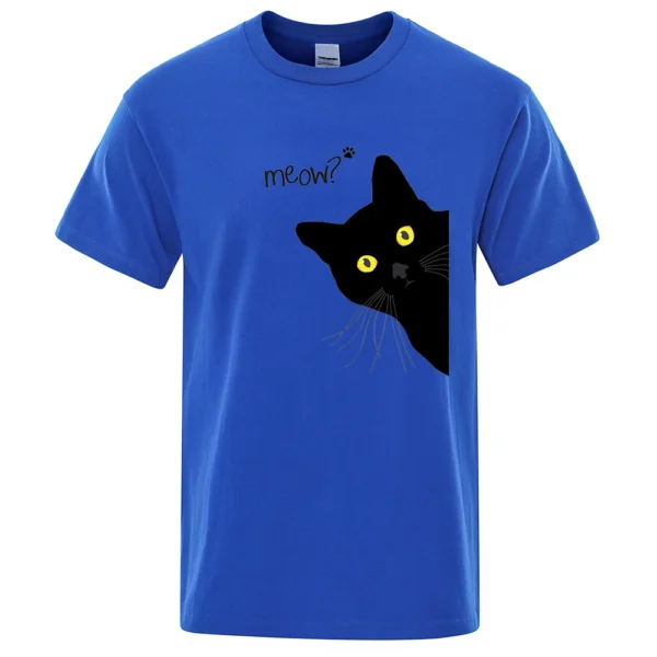 Men's oversized black cotton t-shirt with a funny cartoon black cat print and the word 'Meow'. Streetwear style.