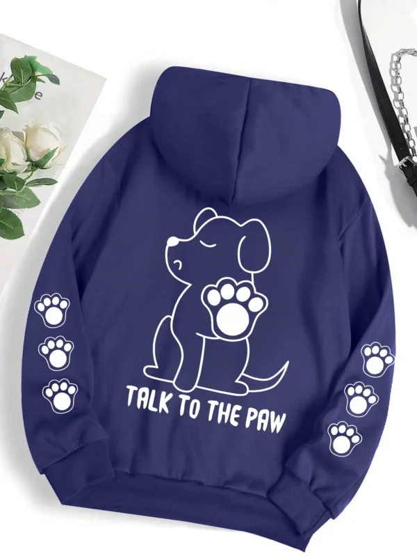 Grey pullover hoodie with warm fleece lining featuring a funny cartoon dog print that says "Talk To The Paw".