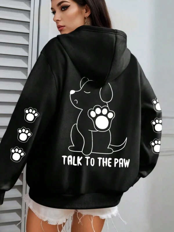 Grey pullover hoodie with warm fleece lining featuring a funny cartoon dog print that says "Talk To The Paw".