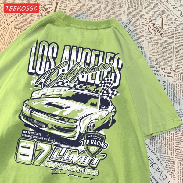 Loose fit t-shirt featuring a vibrant cartoon racing car graphic print.