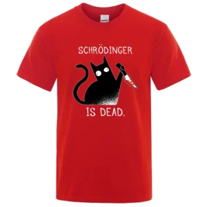 Men's black cotton t-shirt with funny 'Schrodinger Is Dead' black cat physics science graphic.