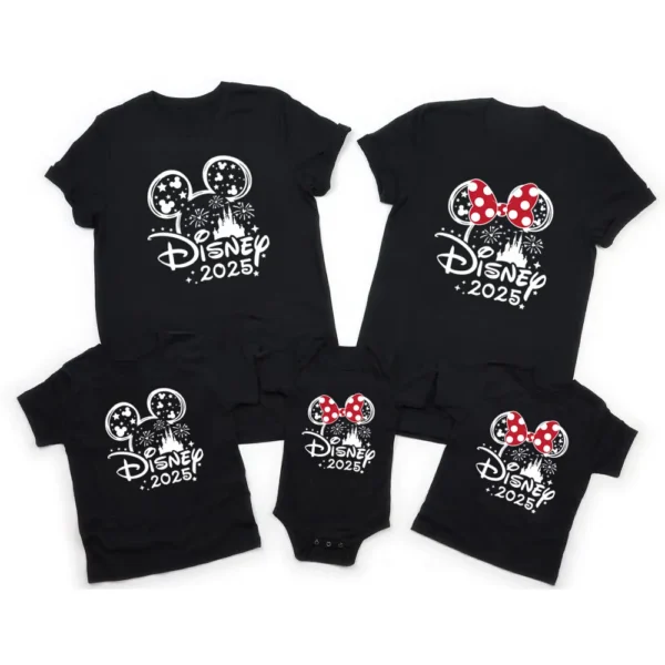 Family wearing matching Mickey and Minnie Mouse cotton shirts and baby romper for Disney trip.