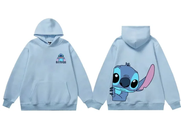 Disney hoodie featuring cute cartoon graphic of Stitch and Angel. Unisex pullover style with front pocket.