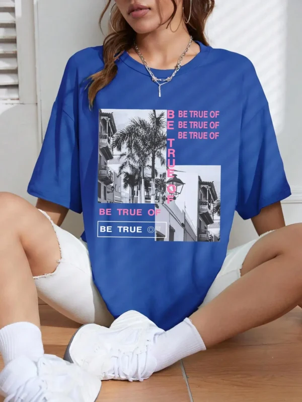 Women's cotton crew neck t-shirt featuring a graphic and letter print. Casual summer style