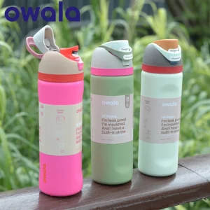 Owala FreeSip insulated stainless steel water bottle with built-in straw and leak-proof lid.