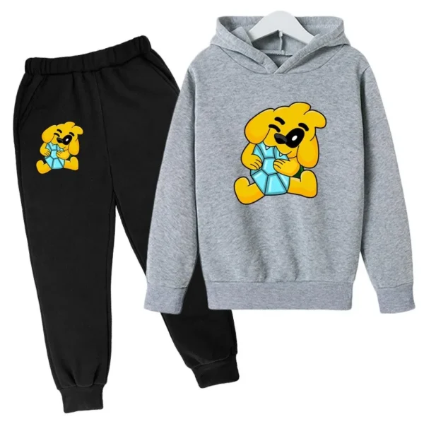 Kids tracksuit set with cute dog print on grey pullover hoodie and matching pants for boys and girls (ages 2-13).