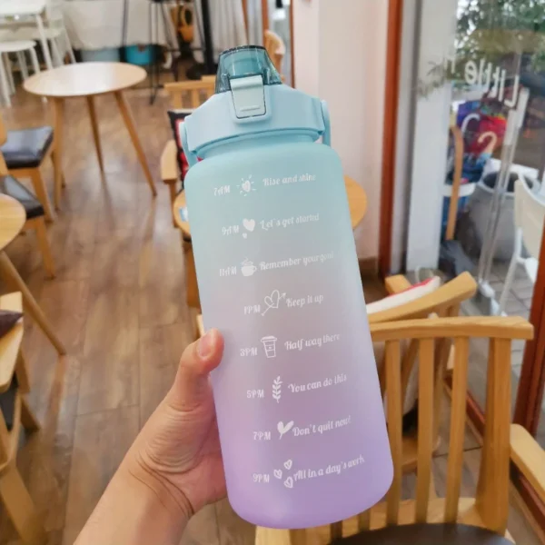 2L motivational plastic water bottle with time markers and leakproof lid for tracking daily hydration.