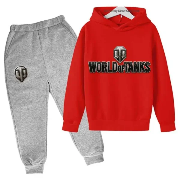Kid wearing World of Tanks gaming tracksuit set with pullover hoodie and matching joggers - suitable for boys and girls.