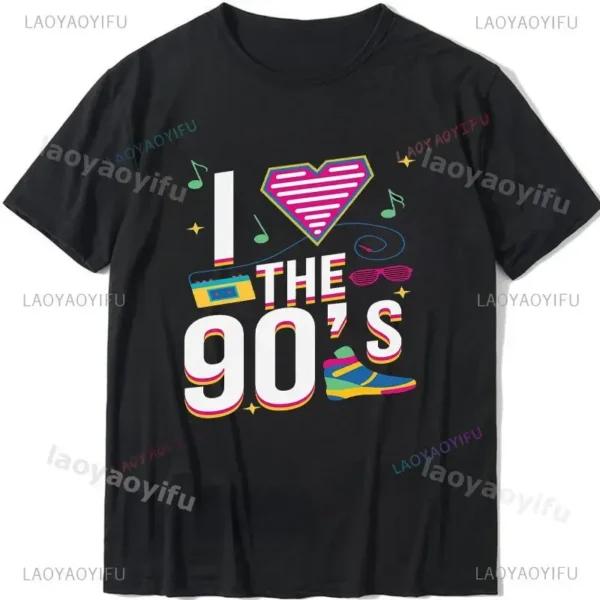 Woman wearing a white 'I Love The 90s / Take Me Back To The 90s' retro graphic tee against a plain background.