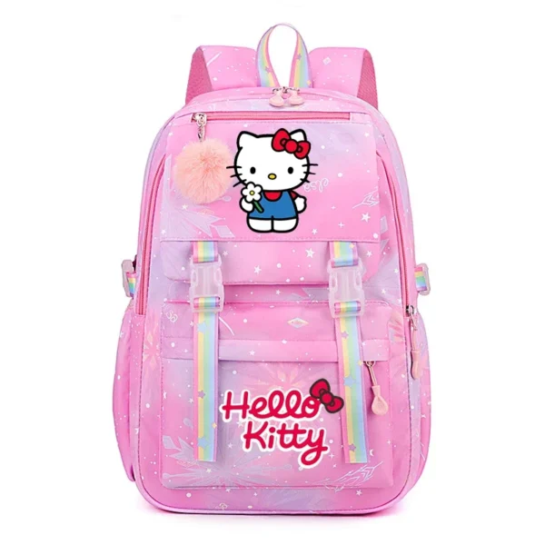 Front view of the MINISO Kuromi & Cinnamoroll backpack showing the cute character print on a large nylon bag.
