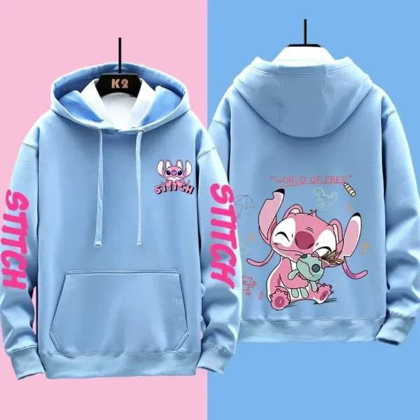 Couple wearing matching grey Disney Stitch pullover hoodies sweatshirt set - official licensed apparel.