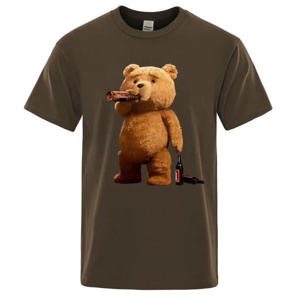Men's grey casual t-shirt with a funny graphic print showing a cartoon teddy bear drinking a pint of beer.