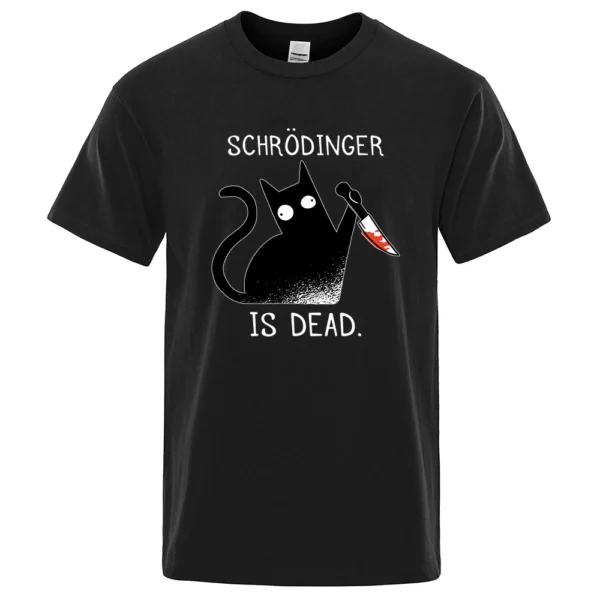 Men's black cotton t-shirt with funny 'Schrodinger Is Dead' black cat physics science graphic.