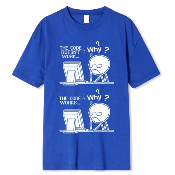 Funny "Code Works Why?" programmer t-shirt.