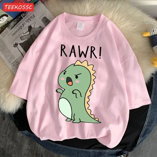 Women's regular fit short sleeve t-shirt with a fierce cartoon dinosaur print on the front.