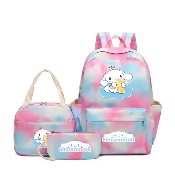 MINISO Kuromi and Cinnamoroll large capacity nylon backpack set with matching lunch bag and pencil case.