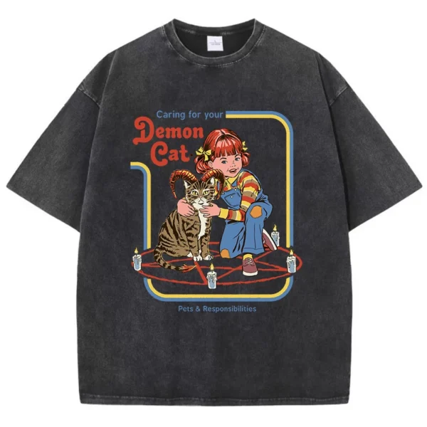 Women's black cotton t-shirt featuring a unique 'Caring For Your Demon Cat' graphic print - streetwear style.