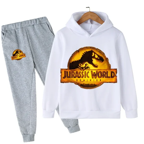 Child wearing fun dinosaur print hoodie and matching pants set - outfit for boys and girls.