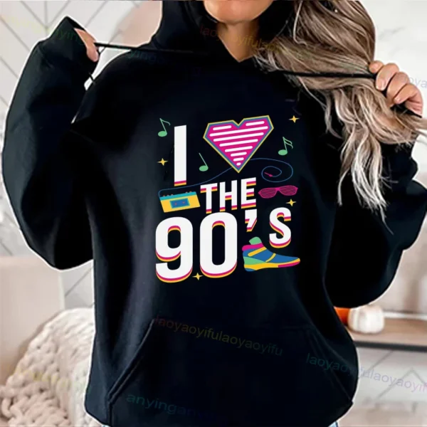Woman wearing a vibrant neon hoodie with 'Take Me Back To The 90's' graphic print