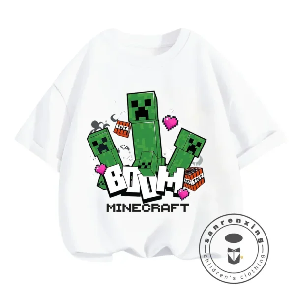 Young boy wearing a blue short-sleeve t-shirt with a large colourful graphic of the Minecraft character CatNap on the front.