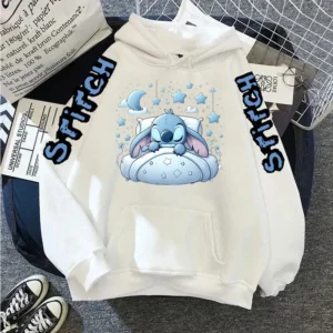 Woman wearing the Disney Lilo & Stitch long-sleeved autumn hoodie featuring a graphic print of Stitch on the front.