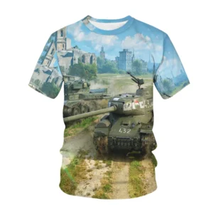 Kid's unisex t-shirt featuring a vibrant 3D print design inspired by the video game World of Tanks.