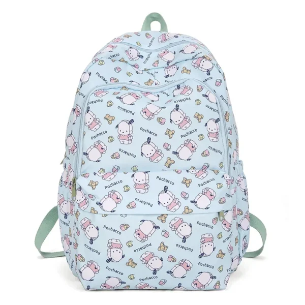 MINISO Sanrio kids school backpack featuring a cute pink and purple Kuromi and Cinnamoroll cartoon print design.