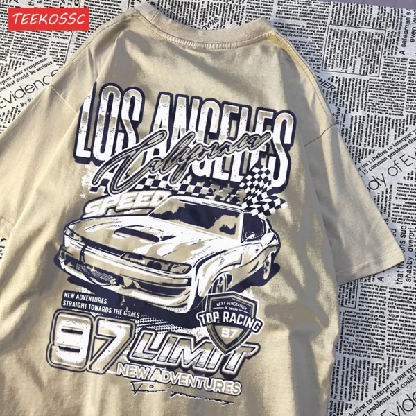 Loose fit t-shirt featuring a vibrant cartoon racing car graphic print.