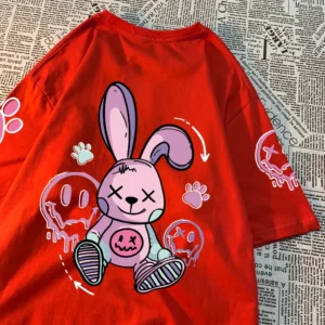 Women's casual t-shirt with a cool cartoon rabbit graphic print. Soft streetwear style tee.