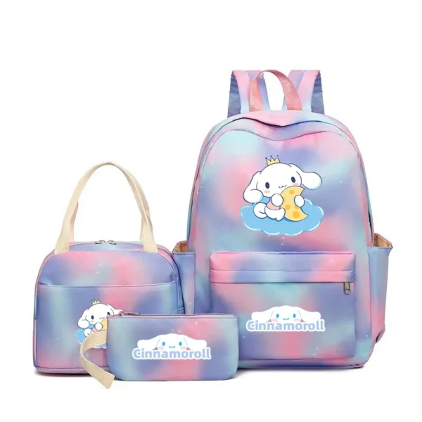 MINISO Kuromi and Cinnamoroll large capacity nylon backpack set with matching lunch bag and pencil case.