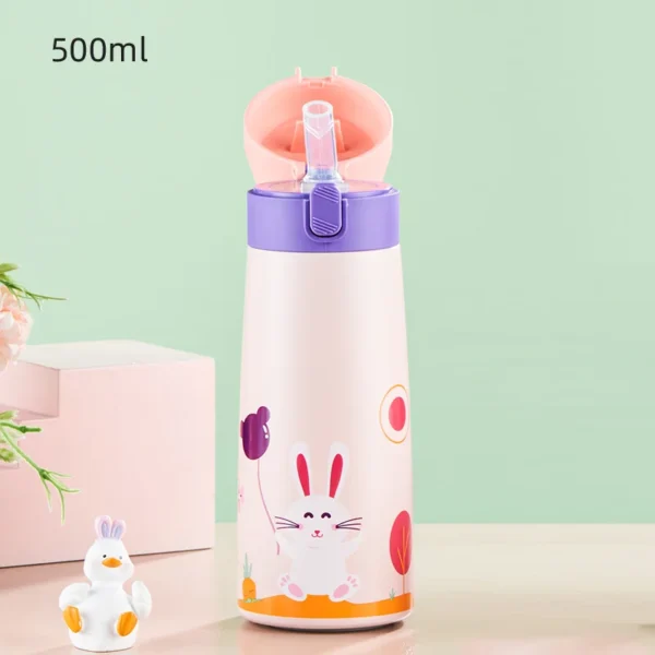 Stainless steel kids thermos water bottle with integrated straw and colourful cartoon design