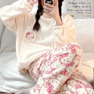 Warm women's plush flannel Hello Kitty pajama set with character print