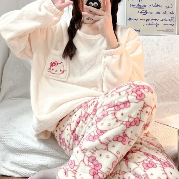 Warm women's plush flannel Hello Kitty pajama set with character print