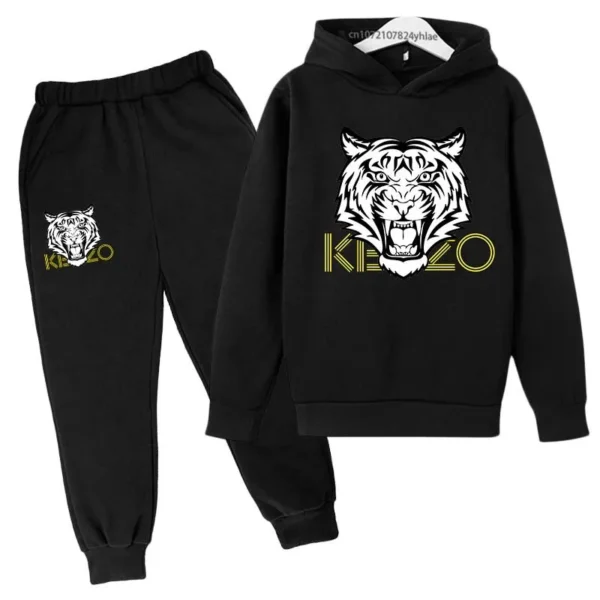 Unisex kids hoodie and pants set with bold tiger head print on the hooded sweatshirt - front view.