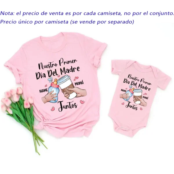 Mom in custom name t-shirt smiles beside baby wearing matching personalized 'Our First Mother's Day' bodysuit.