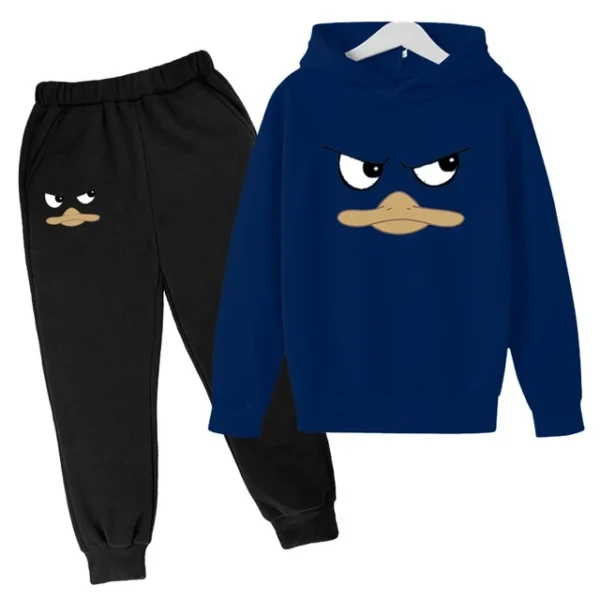 Kids unisex duck face print hoodie and pants tracksuit set for spring autumn wear ages 2-13.
